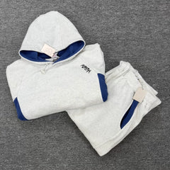 Mertra Contrast Colorblock Fleece Tracksuit Set - Light Grey/Blue